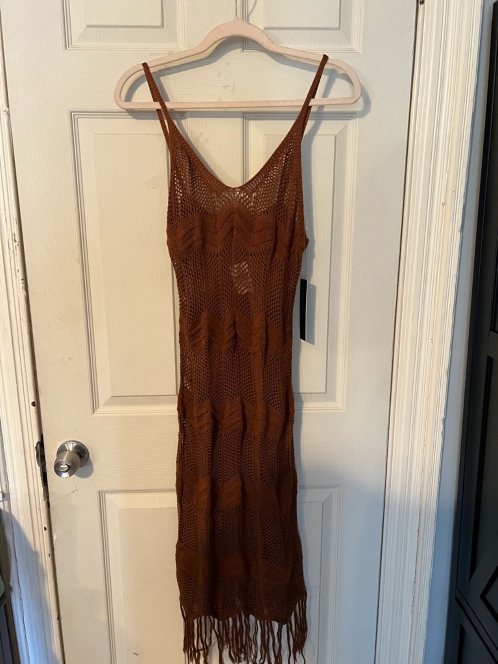 Brown Crochet Fringe Slip Dress - Women's